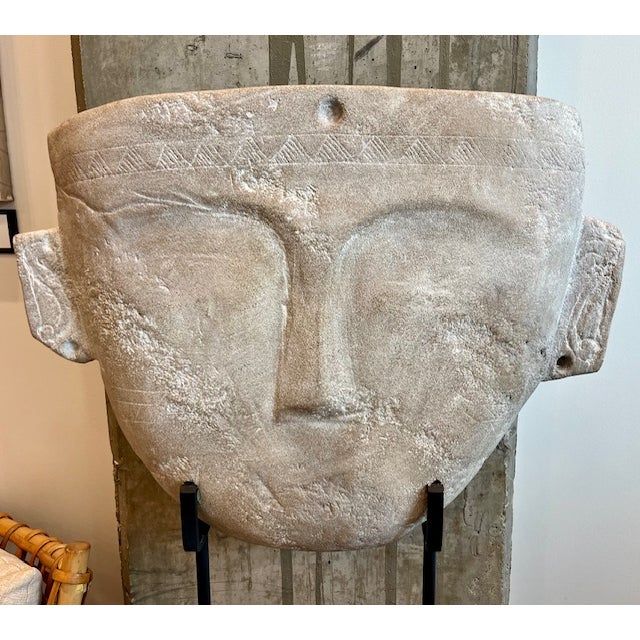 Stunning overscale plaster Buddha mask on custom metal and wood stand. Buddha Mask, Wood Stand, Custom Metal, Paper Mache, Mask, Wood