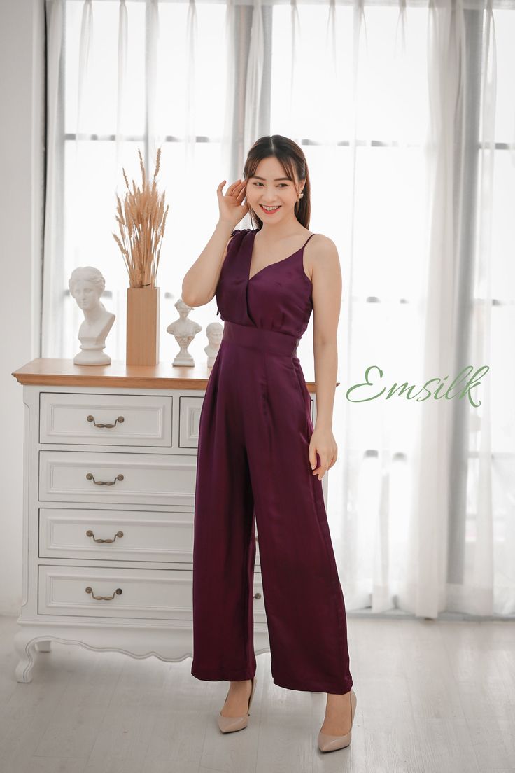 "This luxury exclusive design wide leg jumpsuit is perfect for party or going out. 100 % designed and handmade by Emsilk. I am pleased to offer your garments made to measure at no extra cost. All of my designs can be made in any colors that you see in my shop. ( link to see all colors: https://www.etsy.com/shop/emsilkdesign?ref=seller-platform-mcnav&section_id=28483599) * Detail: - Wrap/ V neckline with medal hook - Spaghetti straps /one shoulder with string straw - Sleeveless - Invisible zi Elegant Silk Jumpsuits And Rompers For Party, Elegant Satin Jumpsuits And Rompers For Summer, Elegant Silk Jumpsuit For Party, Chic Silk Jumpsuits And Rompers For Party, Elegant Silk V-neck Jumpsuits And Rompers, Elegant Silk V-neck Jumpsuit, Summer Silk Jumpsuits And Rompers For Party, Sleeveless Silk Jumpsuits And Rompers For Party, Elegant Purple Jumpsuits And Rompers For Party