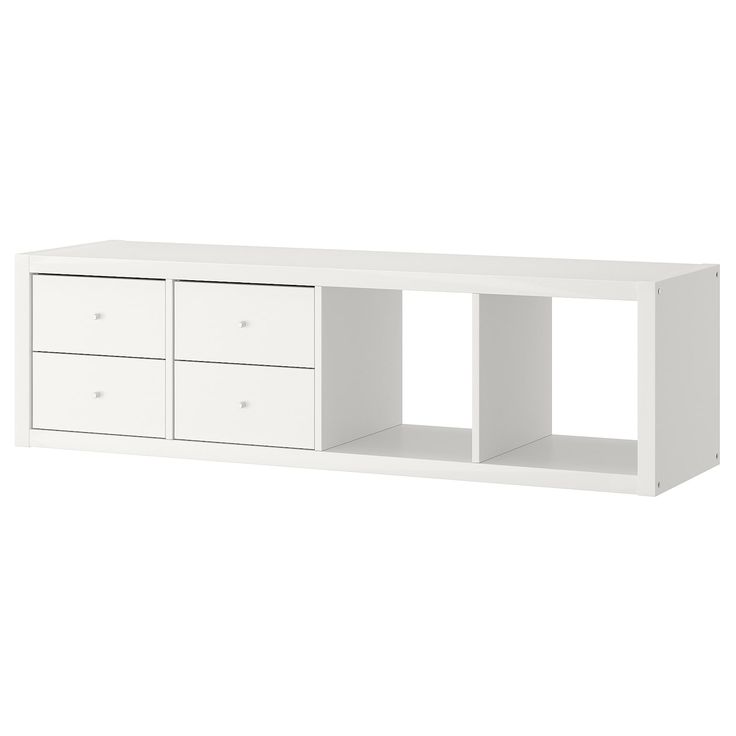 a white shelf with four drawers and two doors on the bottom, in front of a white background