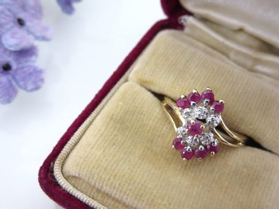 Ruby Ring Unique - 10k Gold Diamonds Cocktail Ring July Birthstone Jewelry Vintage Rings for Women Trending Jewelry by VintageInBloom Ruby Cluster Ring With Birthstone For Anniversary, Vintage Ruby Ring With Diamond For Collectors, Vintage Ruby Ring With Diamond Accents, Vintage Diamond Ruby Ring For Collectors, Cluster Ruby Ring With Diamond Accents For Gift, Cluster Ruby Ring With Diamond Accents As Gift, Vintage Ruby Rings With Diamond Accents, Vintage Ruby Jewelry With Diamond Accents, Vintage Yellow Gold Cluster Ring With Birthstone