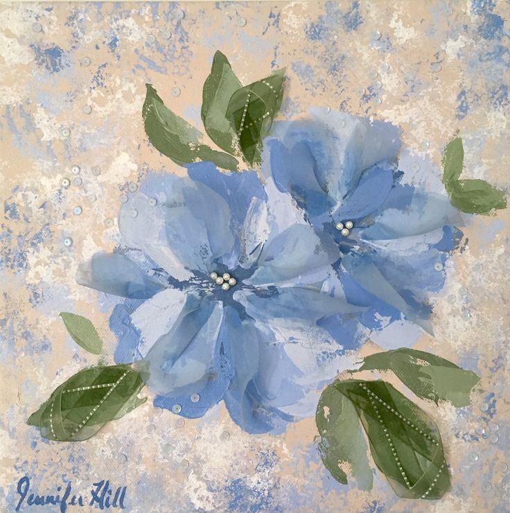 a painting of blue flowers with green leaves