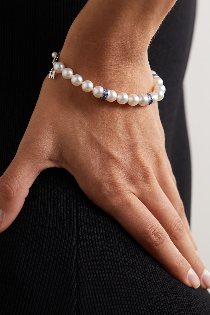 MIKIMOTO created the world's first cultured pearls in 1893 and has used them in its collections ever since. This bracelet is made from 18-karat white gold and strung with blue sapphire rondelles and Akoya cultured pearls - known for their lustre and perfectly round shape. Wear yours solo or as part of a stack. Mikimoto Pearls Bracelet, Blue Pearl Bracelet, Mikimoto Pearls, Shape Wear, Sapphire Bracelet, Akoya Pearls, Blue Pearl, Gold Pearl, Cultured Pearls