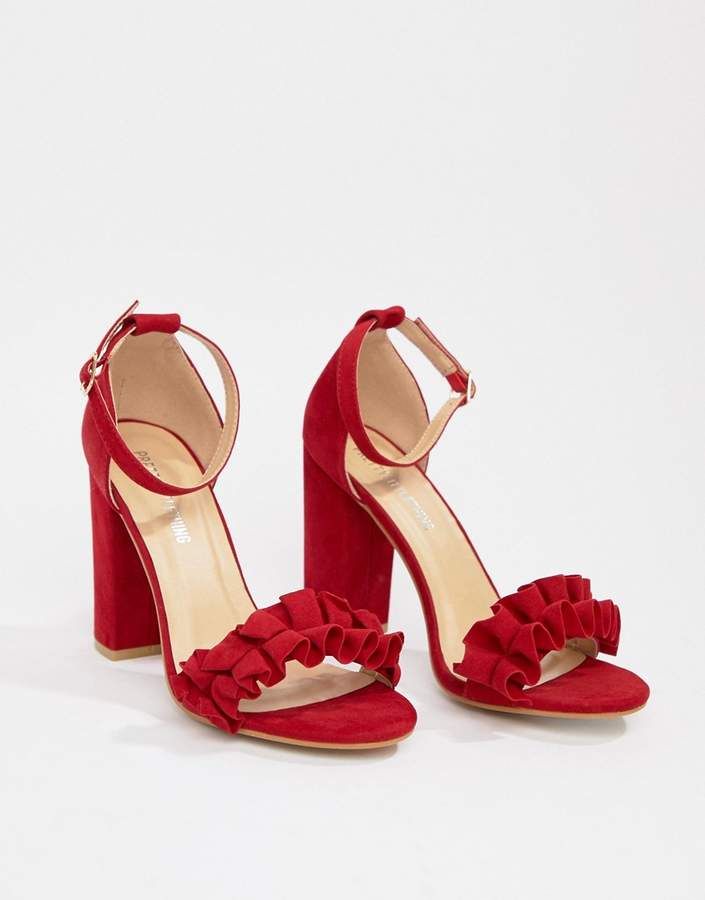 PrettyLittleThing ruffle block heeled sandals in red Red Heel Shoes, Red Block Heels, Shoes Heels Classy, Elegant Sandals, Red High Heels, Heels High, Heels Classy, Julianne Moore, Fresh Shoes