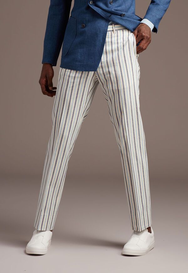 Paul Stuart Blue & Navy Stripe Cotton Pant Fitted Cotton Pants With Vertical Stripes, Spring Pants With Welt Pockets, Striped Cotton Pants With Welt Pockets, Striped Linen Straight Leg Pants, Striped Cotton Bottoms With Welt Pockets, Spring Cotton Bottoms With Straight Hem, Elegant Striped Summer Pants, Elegant Striped Pants For Summer, Classic Vertical Stripes Bottoms For Summer