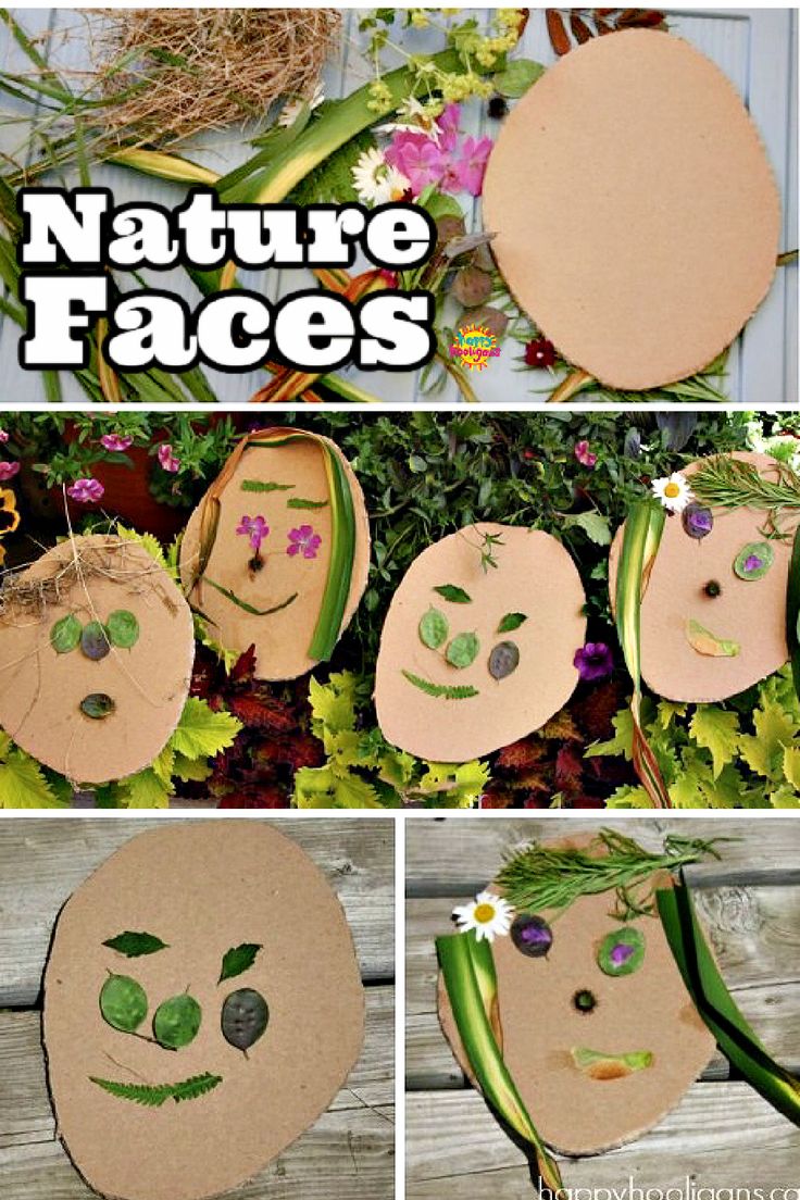 CARDBOARD FACES DECORATED WITH FLOWERS, LEAVES, GRASS Spring Activities For Kids Outdoor, All About Me Nature Activities, Natural Preschool Activities, Eyfs Nature Activities, Simple Forest School Activities, Nature Faces Craft, Outdoor Preschool Crafts, Grass Activities Preschool, Nature Activity For Preschool