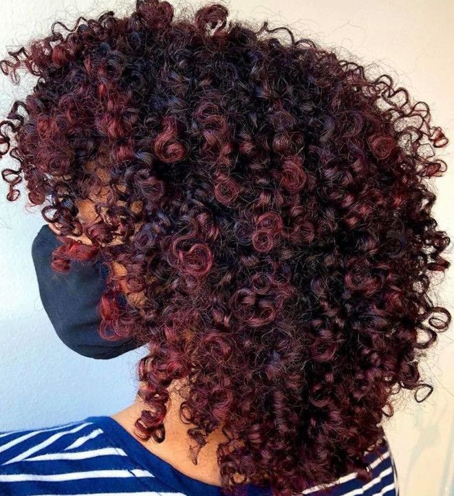 Refresh Your Curls With This Winter With Pintura Highlights Red Highlights On Dark Hair Black Women Curly, Red Dye On Curly Hair, Colored Hair Curly Natural Curls, Red Cherry Highlights On Black Hair, Burgundy Balayage On Curly Hair, Dark Red Highlights In Black Hair Curly, Maroon Highlights On Dark Hair Curly, Merlot Curly Hair, Curly Red Highlighted Hair