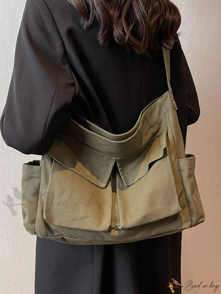 Bird in Bag - Canvas Multi-Pocket Shoulder Bag for Vacation Style Casual Bags With Flat Pocket For On-the-go, Khaki Bags With Pockets For On-the-go, Khaki Shoulder Bag With Pockets For School, Khaki Shoulder Bag With Pockets For On-the-go, Green Crossbody Bag With Pockets, Green Bags With Multiple Pockets For Everyday Use, Khaki Shoulder Bag With Pockets For Daily Use, Green Shoulder Satchel With Pockets, Green Crossbody Shoulder Bag With Pockets