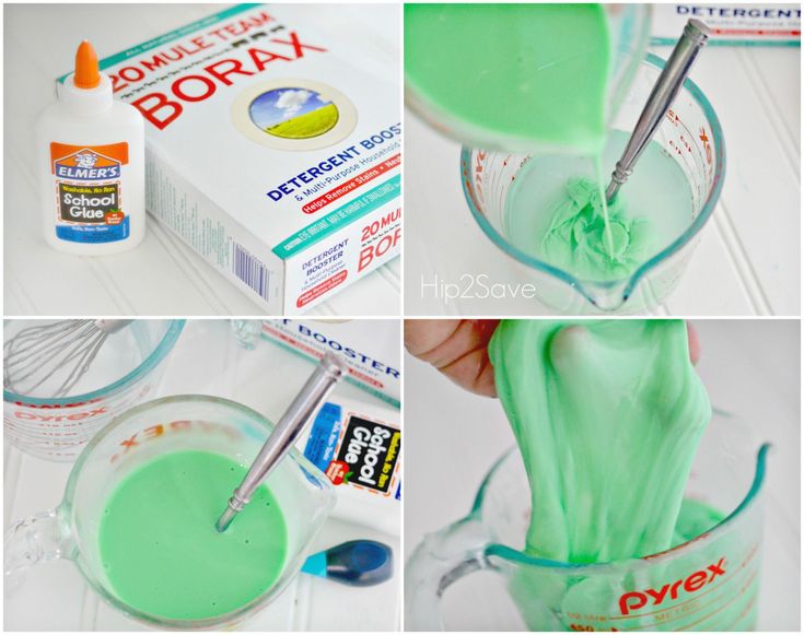 the process for making green slime is shown in three different stages, including mixing and blending