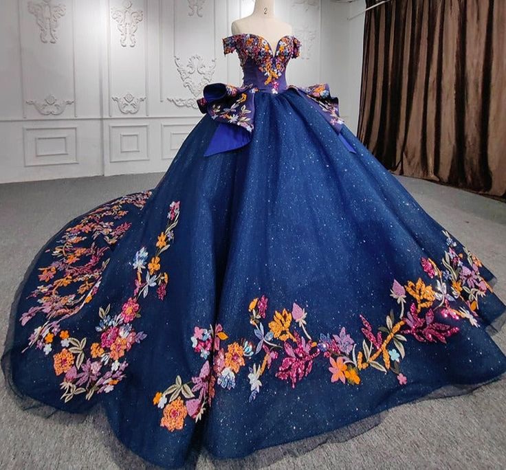 Flower Ball Gown, Royal Blue Ball Gown, Vestido Charro, Mexican Quinceanera Dresses, Blue Ball Gown, Quinceanera Dresses Blue, Blue Ball Gowns, Long Evening Dresses, Bridal Elegance