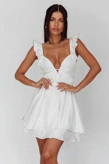 Shop the Siren Song Frill Strap Mini Dress White | Selfie Leslie Flirty Mini Dress With Tie Back And Ruffled Straps, Backless Ruffle Hem Dress For Brunch, Backless Brunch Dress With Ruffle Hem, Flirty Mini Dress With Adjustable Ruffled Straps, Spaghetti Strap Ruffled Backless Dress For Brunch, Spaghetti Strap Backless Dress With Ruffles For Brunch, Backless Ruffle Dress With Spaghetti Straps For Brunch, Flirty Crisscross Strap Dress For Brunch, Flirty Dresses With Crisscross Straps For Brunch