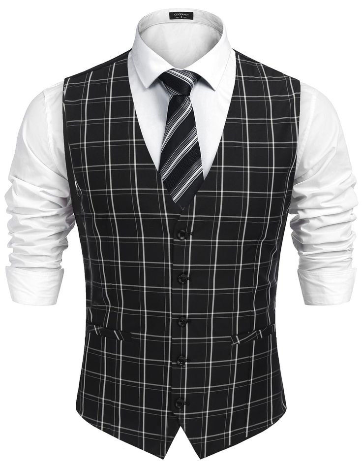 PRICES MAY VARY. Premium Fabric: This mens dress vest is crafted from high-quality, lightweight, smooth fabric; solid and neat stitching; not prone to fading and pilling Classic Design: This mens suit vest features a classic solid color; V-neck; single breasted with five buttons; two side pockets; delicate front stitching; adjustable back belt for accurate fit Clothing Match: This waistcoat vest makes a perfect versatile item that pairs easily with dress shirts, suit jackets, tuxedos, and blazer Mens Casual Vest Outfits, Winter Business Blazer Vest, Single Breasted Business Vest For Spring, Slim Fit Sleeveless Vest For Fall, Black Business Vest For Spring, Tailored Cotton Business Vest, Tailored Cotton Vest For Business, Fitted Business Vest With Pockets, Slim Fit Business Vest For Spring