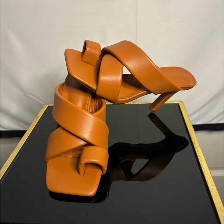 Square Toe Heels, Never Worn, Size 6/36 -1.5 In Heel Orange Heels With Heel Loop For Evening, Orange Evening Heels With Heel Loop, Orange Ankle Strap Heels With Stacked Heel, Spring Orange Heels With 4-inch Heel, Trendy Orange Pointed Toe Sandals, Orange Heels With Sculpted Heel For Spring, Formal Orange Sandals With Heel Loop, Trendy Orange Open Heel Heels, Elegant Orange Heels With Heel Loop