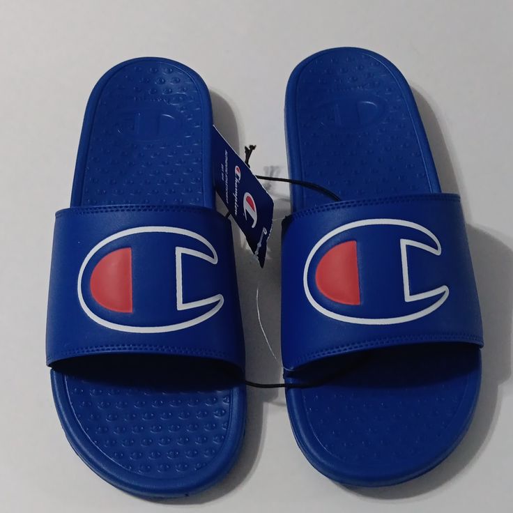 Champion Men's Super Slide Sandal Size:14m Color: Blue Nwt Pu Upper Eva Sole Slip On Textile Lining Mens Slides Sandals, Champion Slides, White Slides Sandals, Mens Slide Sandals, Champion Shoes, Men Slides, Mens Shoes Sandals, Blue Beach, Blue Camo