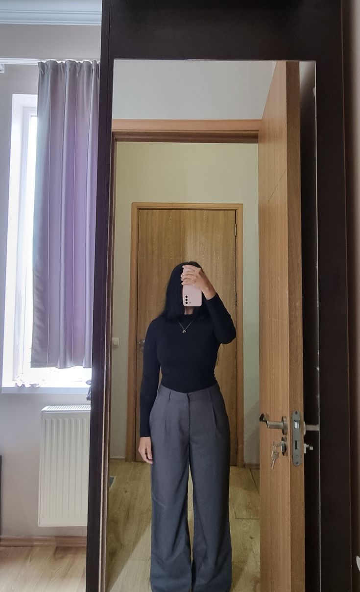 #outfit #black #trousers #top #jerseytop #ootd #mirror #selfie #baggy #aesthetic #tailoredtrousers #summer 🌞💓 #university #outfits Tailored Trousers Outfit Summer, Baggy Black Trousers Outfit, Summer University Outfits, Ootd Mirror Selfie, Black Trousers Outfit, Baggy Aesthetic, Ootd Mirror, Uni Aesthetic, University Outfits