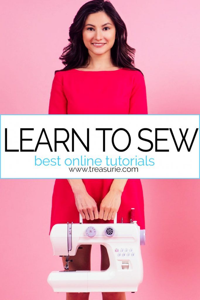 a woman standing in front of a sewing machine with the words learn to sew on it