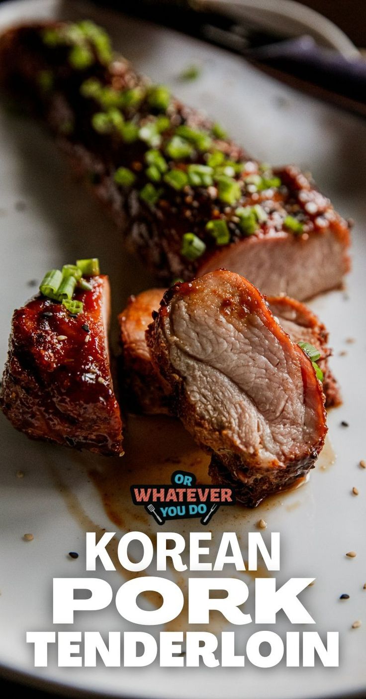 korean pork tenderloin is served on a white plate