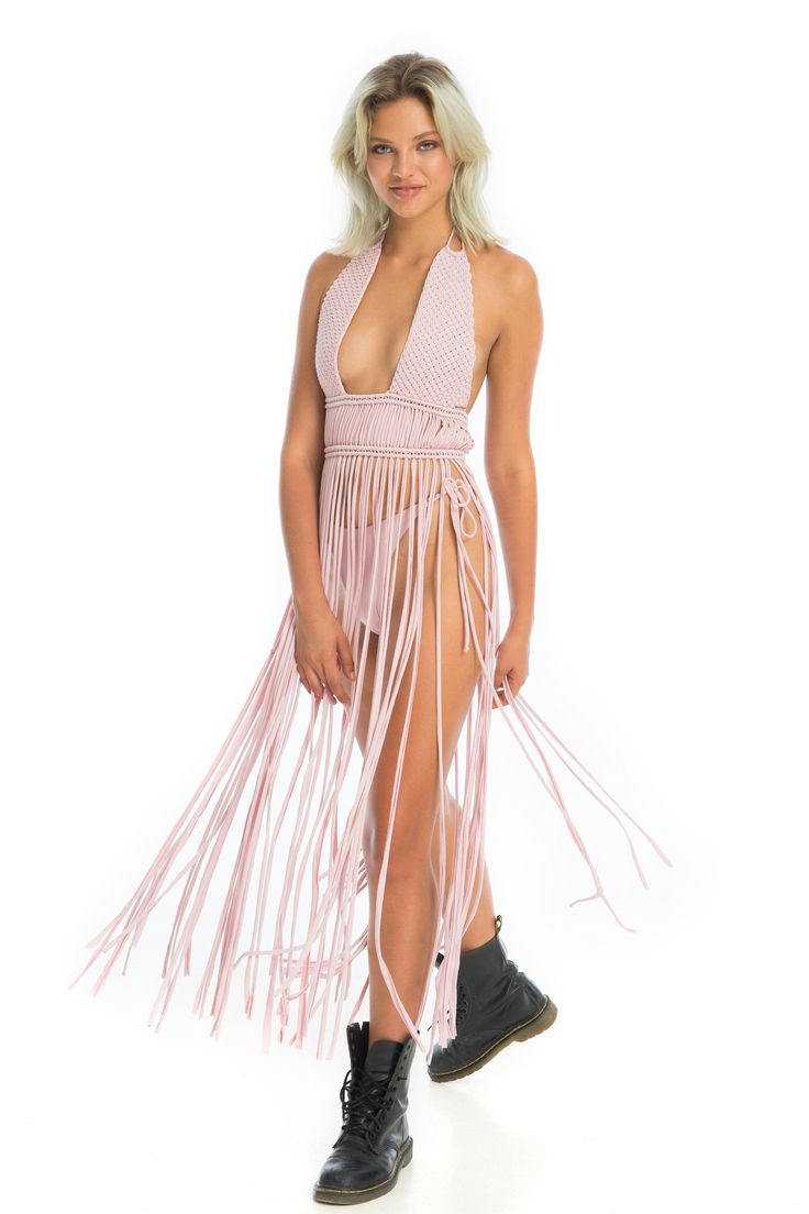 Azalea Macrame Dress + Bikini Set. Feel like a delicate azalea flower in our graceful yet flowy Azalea macrame dress set. Sway and swoon on all festival grounds. Create your unique boho look: adjust fringe length, switch up how you tie the top, criss-cross the bikini bottoms over your stomach or go for ease with a knot on the sides. MACRAME DRESS ✧ Material: - Soft, organic bamboo lycra, white | black. - Soft, rayon lycra fabric, cream | dusky pink. ✧ Handcrafted macramé with metal beads. ✧ Leng Rave Outfits Festivals, Azalea Flower, Burning Man Costume, Macrame Dress, Burning Man Outfits, Boho Fashion Bohemian, Man Clothing, Goddess Dress, Dusky Pink