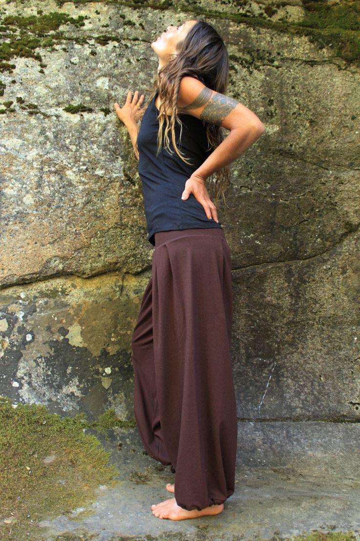 Now Available in XL in select colors! Black: S,M,L,XL Midnight Blue: S,M,L,XL Chocolate Brown: S,M,L Teal: S,M,L Sage Green: S,M,L Ash Gray: M,L These Egyptian inspired, versatile pants look great on everyone! Made from stretchy Cotton Lycra, they are both comfortable and flattering. The Harem pants are held secure with a drawstring at the waist and another drawstring at each ankle which allows you to adjust them to your perfect fit. Wide leg, cinched tight at the ankle or tied at the knee, for Hippie Style Wide Leg Brown Bottoms, Brown Full-length Yoga Bottoms, Brown Wide Leg Hippie Bottoms, Fitted Brown Hippie Bottoms, Hippie Style Brown Harem Pants For Festival, Hippie Brown Harem Pants For Festival, Baggy Yoga Pants For Festivals, Brown Harem Pants For Summer, Brown Bottoms For Festival