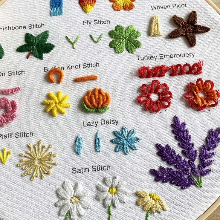 a cross stitch pattern with different types of embroidered flowers and leaves on the bottom half of it