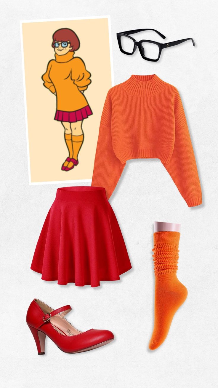 an orange sweater, red skirt and black shoes are arranged on top of a white surface