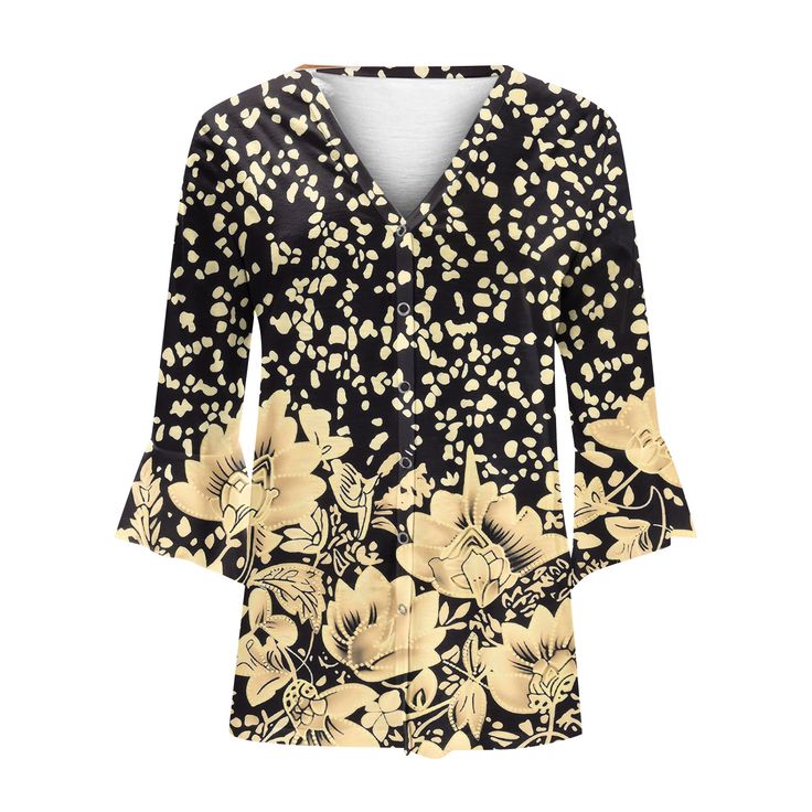 Women's Vintage Floral Print V-Neck Mid Sleeve Pullover T-Shirt Stretch V-neck Top With Graphic Print, Fall V-neck T-shirt, Stretch V-neck Tops With Graphic Print, Black Split Neck Top For Spring, Casual V-neck Split Neck Top For Fall, Casual Split Neck V-neck Top For Fall, Casual Split Neck Tops For Fall, Black Split Neck Tops For Summer, Black Split Neck Top For Summer