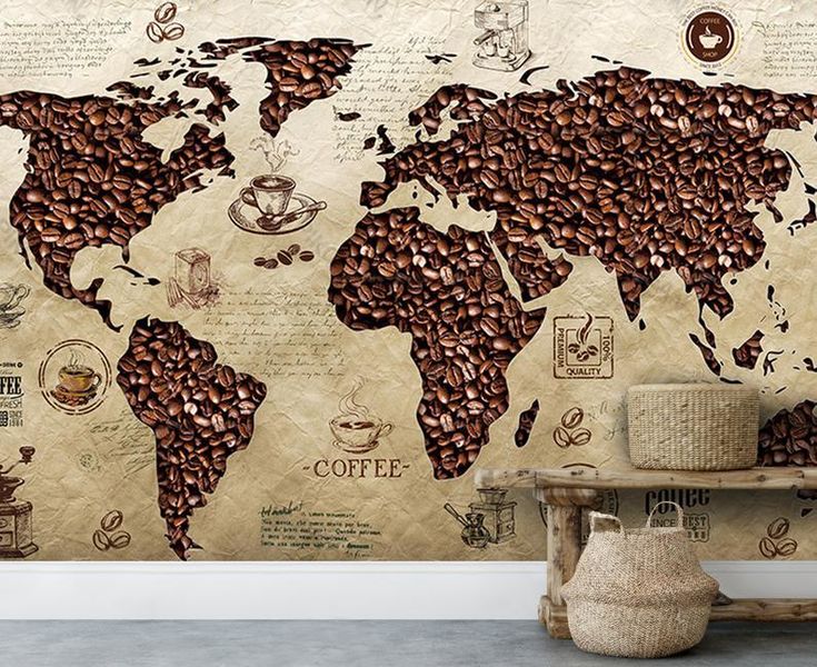 a wall with coffee beans on it and the map of the world in full view