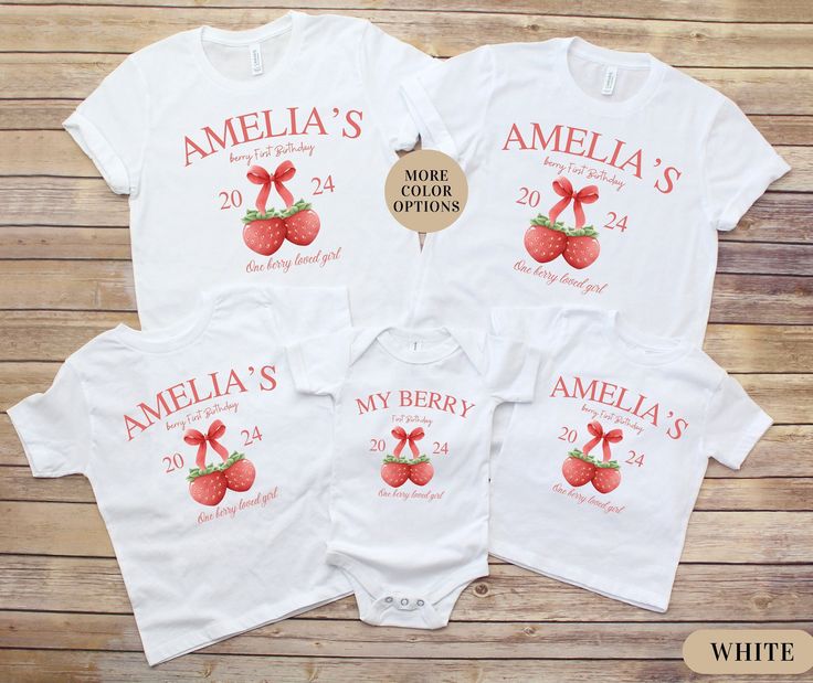 ABOUT OUR Berry First Birthday Family Matching T-shirt Enjoy fashion with our Strawberry Shirt. This T-shirt is perfect as a Gift for Fruit Lover, Gift for Strawberry, 1st birthday outfit, 1st birthday shirt, or cute family matching This is a Funny Berry Shirt, especially for those who want to be fashionable and, at the same time, have a cute and nice look Look no further! This trendy Strawberry Shirt is unique and practical, combining style and utility. 👉 Unisex T-shirt - 100% Airlume combed a Cute White T-shirt For Family Events, White Cute T-shirt For Family Events, Cute Summer T-shirt For Birthday Gift, Personalized Family Matching T-shirt For Summer, Cute Crew Neck T-shirt For Family Events, Cute T-shirt For Family Events With Crew Neck, Personalized Summer T-shirt For Gift, Summer Birthday Gift T-shirt With Short Sleeves, Family Matching Birthday T-shirt With Name Print