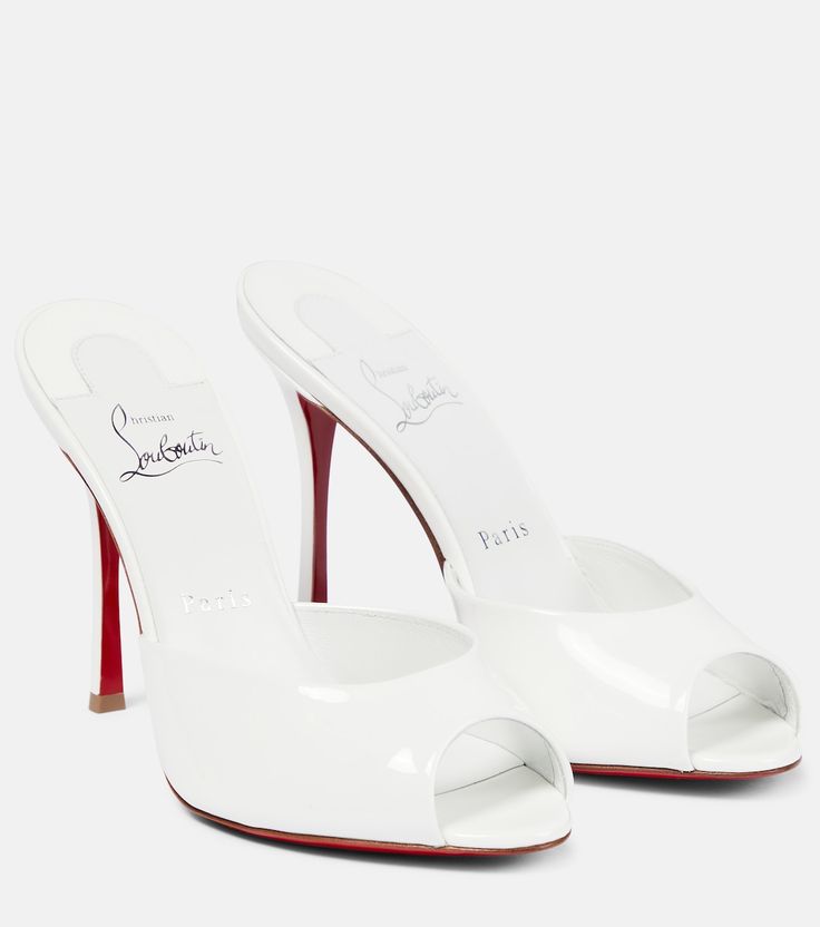 Bridal Me Dolly patent leather mules in white - Christian Louboutin | Mytheresa White Louboutin, Louboutin Online, Red Bottom Heels, Bridal Bag, Christian Louboutin Women, Lipstick Red, Evening Shoes, Leather Mules, Dream Shoes