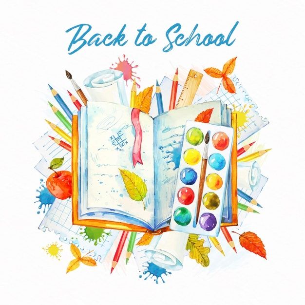 an open book with watercolors and paintbrushes on the cover that says back to school