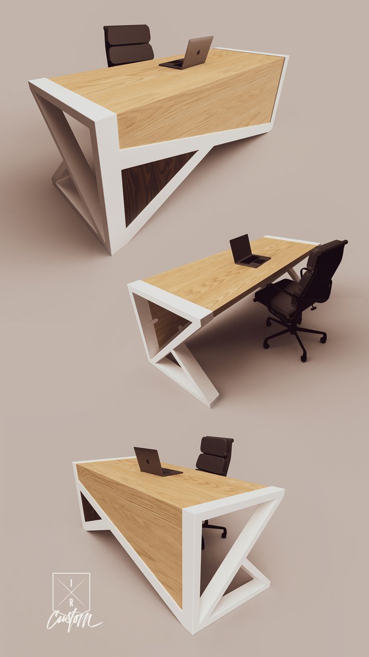 an office desk with two chairs and a laptop computer on it, in three different angles