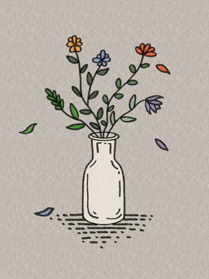 a drawing of a vase with flowers in it