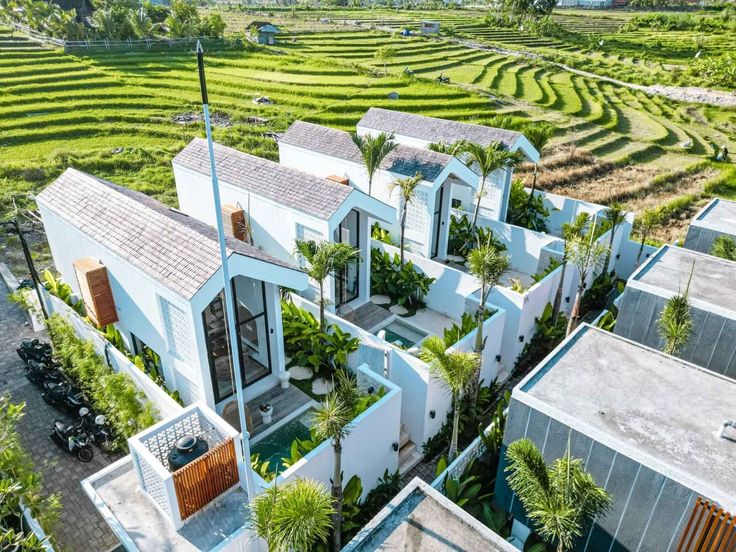 an aerial view of a house surrounded by rice fields