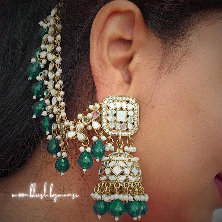 Limited Edition: Our New Collection ✨️ Gorgeous Mirror Work Pearls Ear Chain Attached with Jhumkas and stones made in brass🔥 Limited Stock Available Grab Yours Soon Ear Chain, Mirror Work, Brass Jewelry, Ethnic Jewelry, Indian Jewellery, Limited Stock, Indian Jewelry, Statement Earrings, New Collection