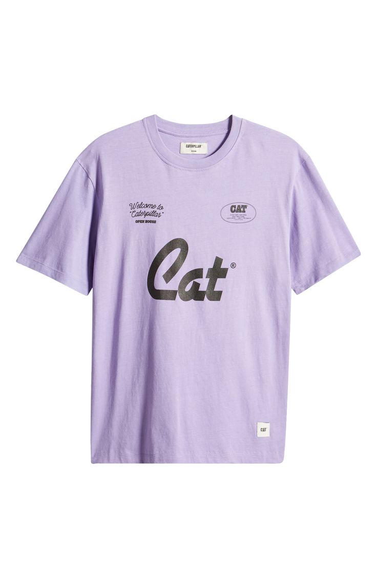 Stand out in this cheery lilac-hued cotton T-shirt stamped with graphics that mark you as industrious. 29 1/2" length (size Medium) Crewneck Short sleeves 100% cotton Machine wash, dry flat Made in Italy Purple Graphic Print T-shirt Crew Neck, Graphic Print Purple T-shirt, Purple Graphic Tee With Logo Print, Casual Lavender T-shirt With Letter Print, Purple Short Sleeve T-shirt With Text Print, Purple Graphic Tee With Graphic Print, Lavender Relaxed Fit Top With Letter Print, Graphic Purple T-shirt With Graphic Print, Lavender Letter Print Top With Relaxed Fit