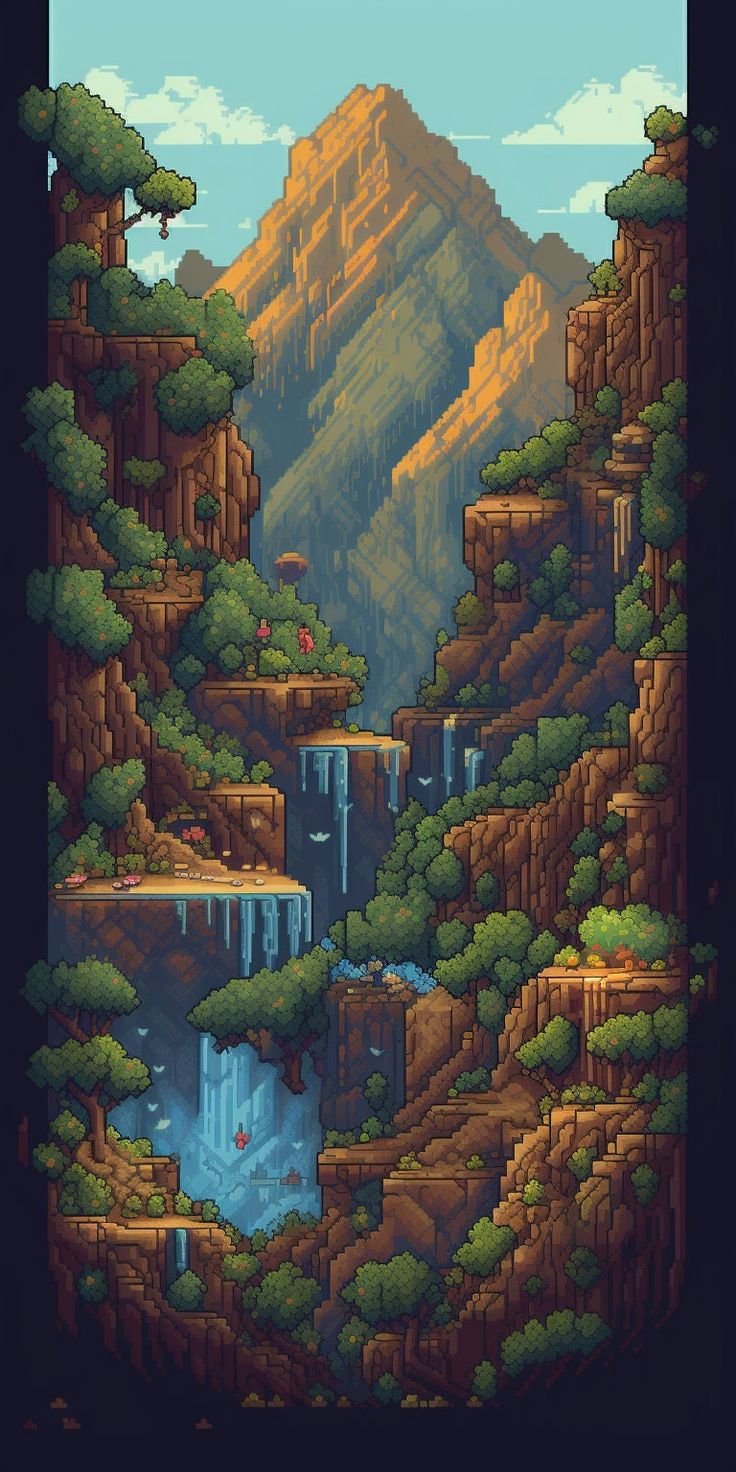 an image of a landscape with mountains and waterfalls