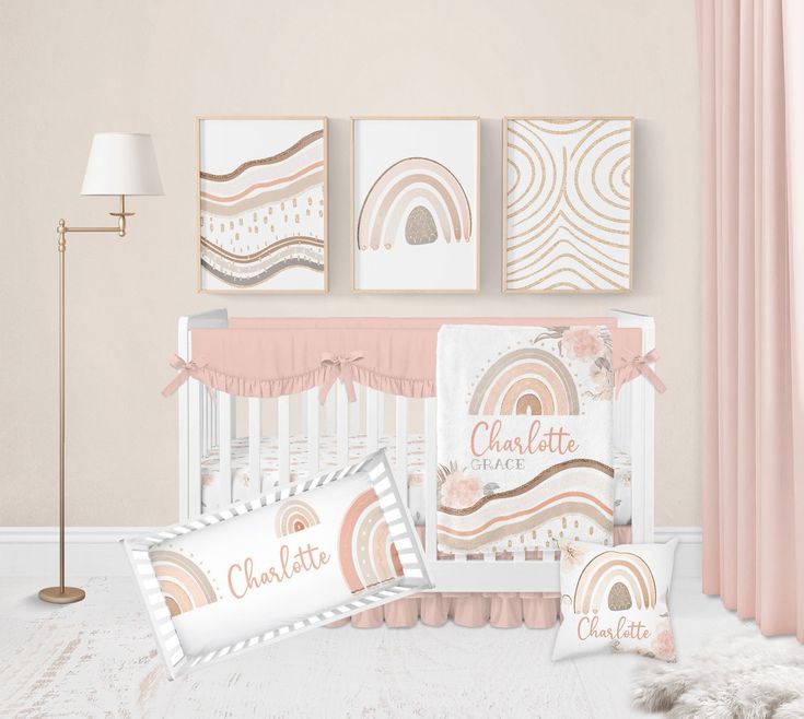 "Made just for your baby girl, you're going to LOVE this personalized boho crib bedding set! Perfect for any rainbow crib bedding, personalize this baby girl crib bedding set with your baby's name on these personalized pink boho crib bedding pieces for an adorable addition to your boho nursery or baby girl rainbow nursery! Boasting with everything boho themed, including rainbows, boho mountains and landscapes, boho floral, and more, what more could you want in your boho baby girl crib bedding?! Rainbow Crib Bedding, Boho Crib Bedding, Boho Crib, Pink Crib Bedding, Baby Girl Crib Bedding Sets, Boho Baby Blankets, Boho Rainbow Nursery