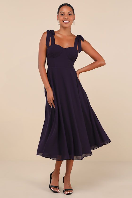 Your bubbly attitude will find a perfect match with the Lulus Sophisticated Charisma Purple Tie-Strap A-Line Midi Dress! Lightweight woven chiffon shapes this darling dress that has tying shoulder straps and a bustier-inspired bodice with seamed cups and a fitted waist. Skirt has a flirty A-line silhouette, finishing at a midi hem. Hidden zipper/clasp at back. Fit: This garment fits true to size. Length: Mid-calf length. Size medium measures 42.5" from adjustable straps to hem. Bust: Great for a Fitted Chiffon Dresses With Tie Straps, Chic Chiffon Dress With Tie Straps, Chiffon Dress With Spaghetti Tie Straps, Sweetheart Neckline Midi Dress With Tie Straps For Party, Party Midi Dress With Sweetheart Neckline And Tie Straps, Dresses Medium Length, Black Tie Gala, Adhesive Bra, Purple Tie