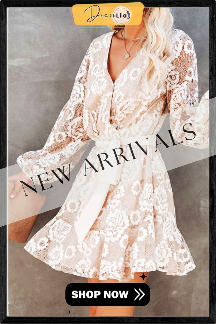 Karlidress Long Sleeve Lace Mini Dress P12636 Beige Long Sleeve Lace Midi Dress, White Long Sleeve Summer Party Dress, Beige Mini Length Dress For Fall, Chic Beige Dress For Fall, Spring Cocktail V-neck Long Sleeve Dress, Long Sleeve Beige Casual Dress, Feminine A-line Fall Dress, Chic Beige A-line Lace Dress, Cream V-neck Dress For Fall