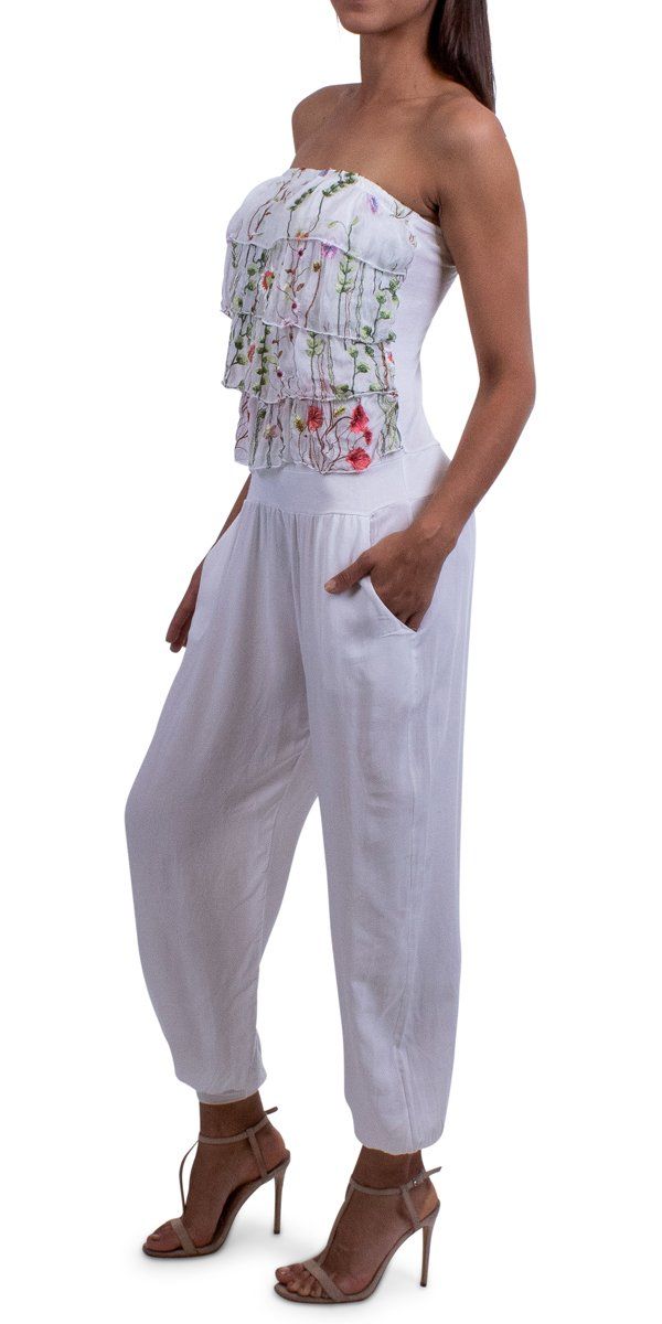 Flattering strapless jumpsuit with ruffles now comes with a floral embroidery on the top. It has two pockets in the front and banded ankle to create an elegant style. 80% Viscose, 15% Silk, 5% Elastic Made in Italy One Size - Fits Small and Medium comfortably Strapless Jumpsuit, White Jumpsuit, Floral Jumpsuit, Elba, Floral Embroidery, Elegant Style, Ruffles, In Italy, Jumpsuit