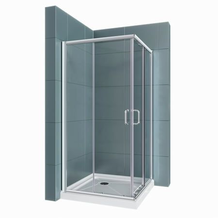 an image of a corner shower stall with glass door and side panel in the bathroom