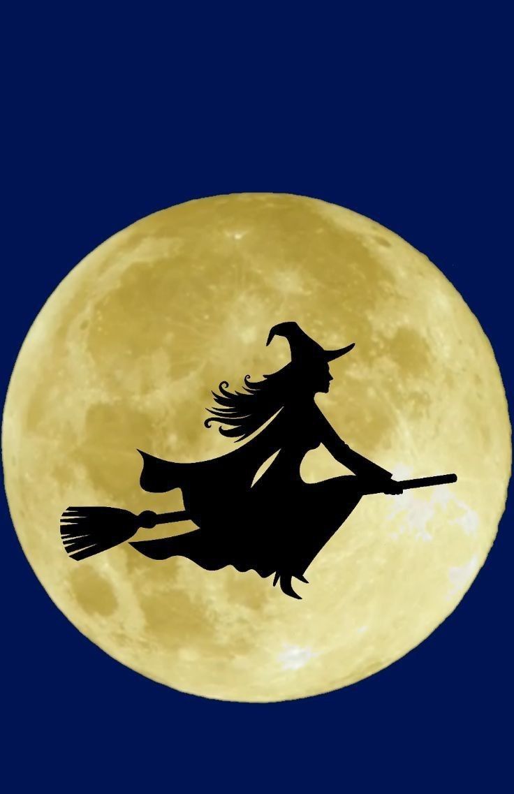 a silhouette of a witch flying in front of the moon