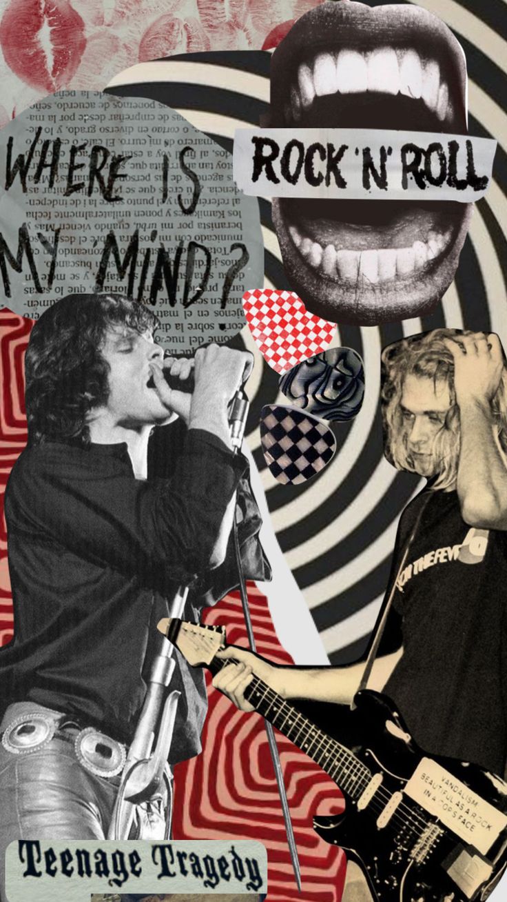 collage of rock'n'roll images with words and pictures in the background