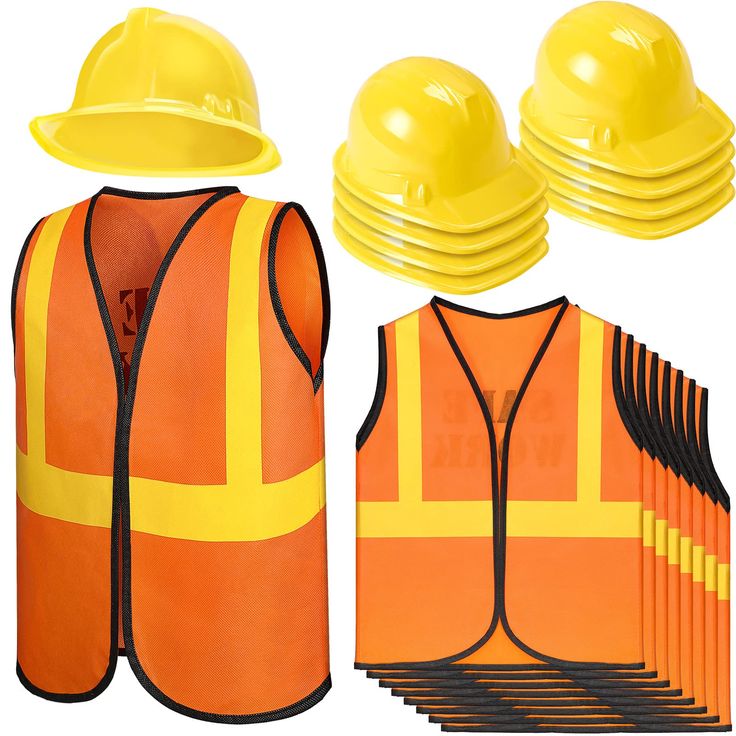 an orange safety vest and six yellow hard hats