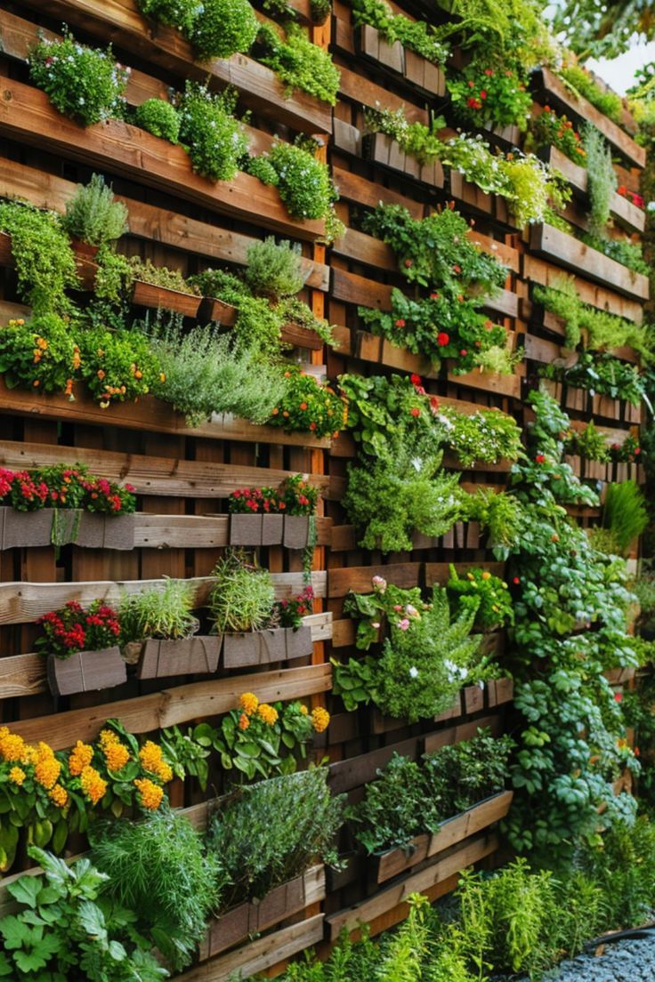 an outdoor garden wall made out of wooden pallets with plants growing on the sides