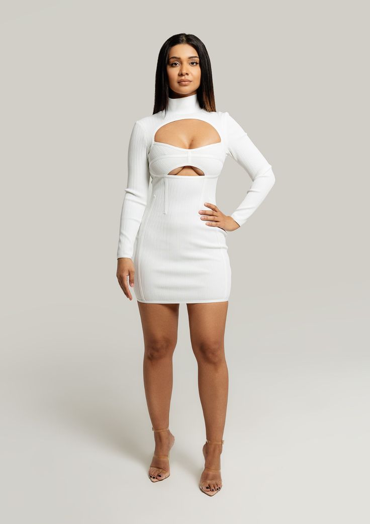 Natalia-Cut-Out-Long-Sleeve-Bodycon-Dress-White-Womens-Fashion-Trend|Vanity-Couture-Boutique White Long Sleeve Bodycon Dress For Club, White Fitted Long Sleeve Dress For Night Out, White Stretch Long Sleeve Bodycon Dress, White Long Sleeve Stretch Bodycon Dress, White Long Sleeve Dress For Night Out, White Long Sleeve Mini Dress For Party, White Long Sleeve Bodycon Dress For Fall, Long Sleeve Cutout Bodycon Dress For Club, Long Sleeve Cutout Mini Dress For Club