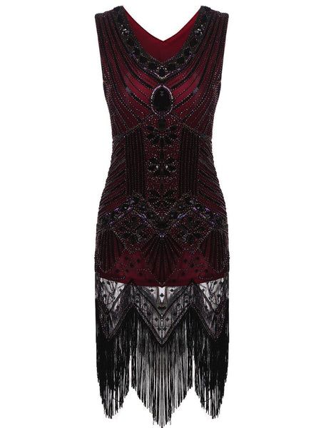 1920s Sequined Fringe Dress – Retro Stage - Chic Vintage Dresses and Accessories Sleeveless Beaded Fringe Flapper Dress, Sleeveless Flapper Dress For Party Season, Sleeveless Gatsby Dress With Beaded Fringe, Sleeveless Flapper Dress With Beaded Fringe, Red Sleeveless Flapper Dress, Gatsby Style Sleeveless Embellished Flapper Dress, Sleeveless Gatsby Embellished Flapper Dress, Sleeveless Flapper Dress For Evening, Sleeveless Beaded Fringe Flapper Dress For Evening