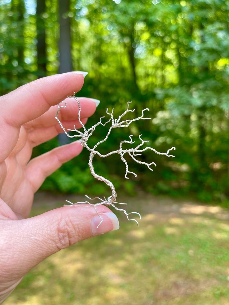 a person holding out their hand with a wire tree branch in the middle of it