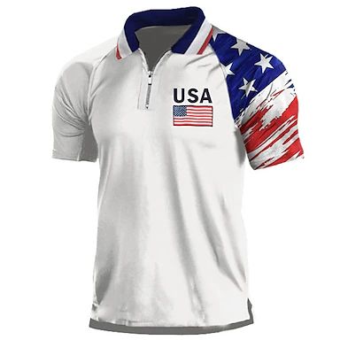 a polo shirt with an american flag on the chest and sleeves, in white color