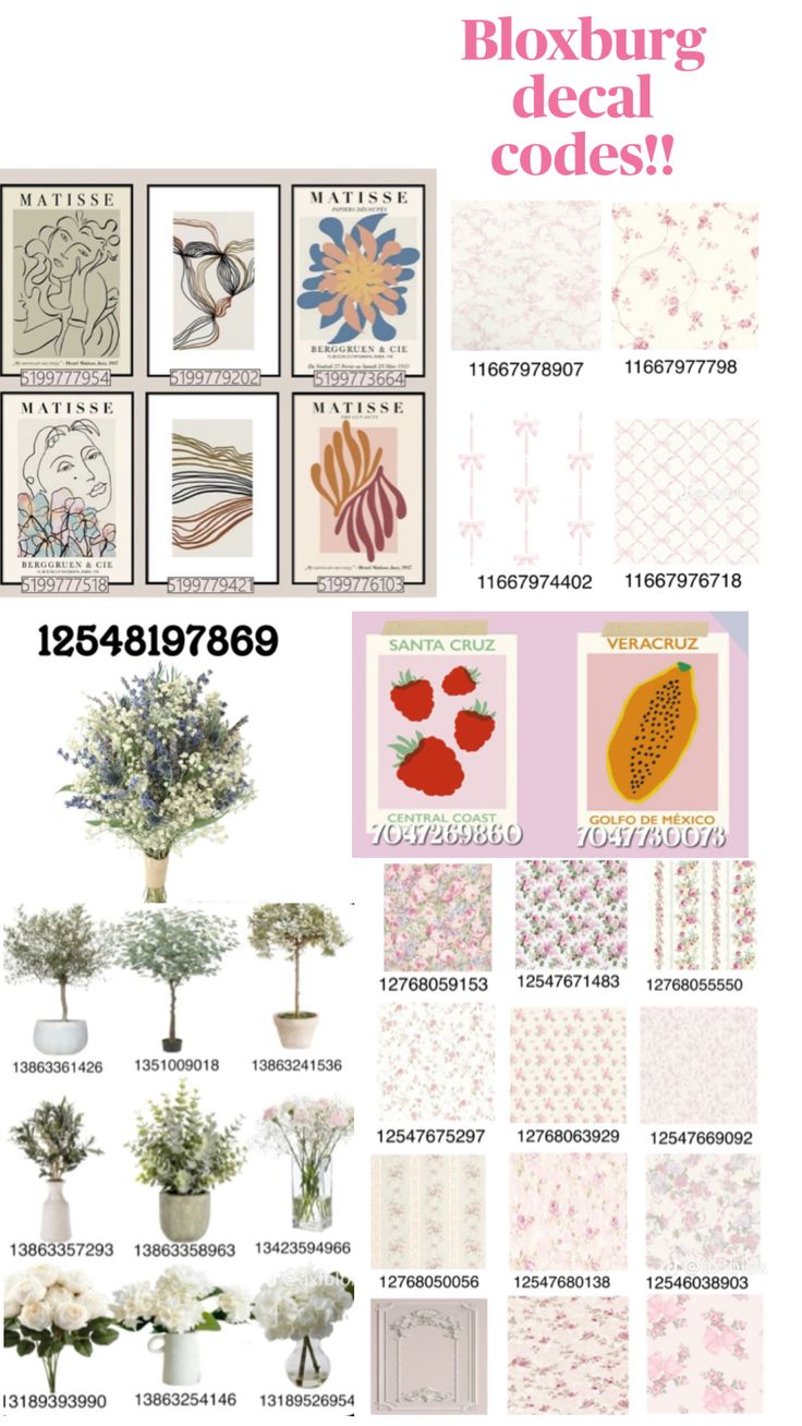 various images of flowers in vases, and the words bloxburg decal code