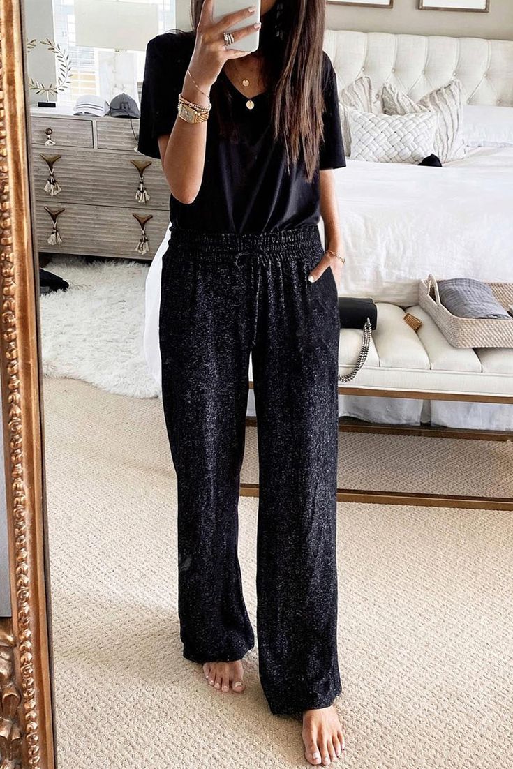 Black Metallic Drawstring High Waist Wide Leg Pants Leopard Satin Dress, At Home Outfits, High Waist Wide Leg Pants, Black High Waist, Chambray Dress, Mini Shift Dress, Look Casual, Black Metallic, Comfy Fits